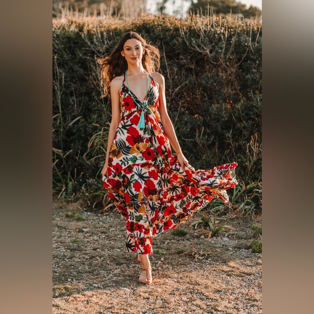 Mass Kubsch Tropical Halter Maxi Dress — White with Red & Green Floral Print